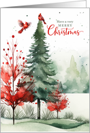 Very Merry Christmas Red Cardinal Birds in a Woodland Forest card