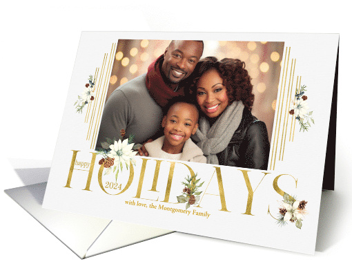 2024 Faux Gold Leaf and Botanical Happy Holidays with Horz Photo card