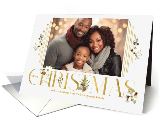 2024 Faux Gold Leaf and Botanical Merry Christmas Horz Photo card