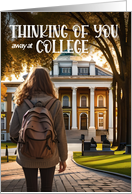 Away at College Thinking of You Female Student on Campus card