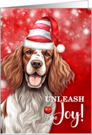 Red White Setter Dog Funny Christmas Pet Lover Unleash the Joy card