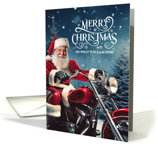 Biker Santa Christmas with Winter Pines and Snowy Landscape card