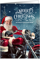 Biker Santa Christmas with Winter Pines and Snowy Landscape card