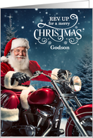 for Godson Biker Santa Christmas with Winter Landscape card