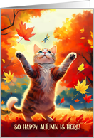 Cute Cat Dancing in the Autumn Leaves with a Dragonfly card