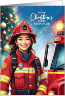 First Responder Asian Female Firefighter Christmas card
