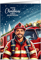 First Responder Latino Male Firefighter Christmas Santa’s Brigade card