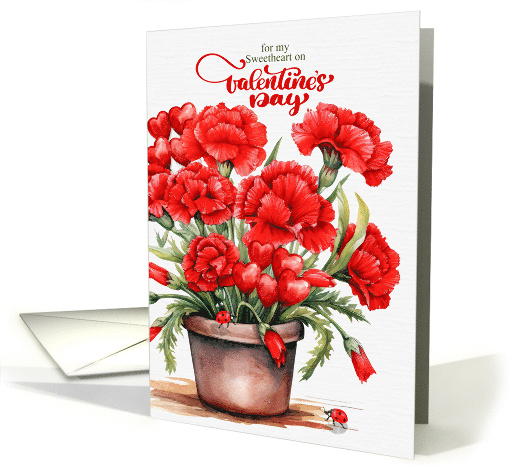 for Wife Valentine's Day Red Carnations Hearts and Ladybugs card