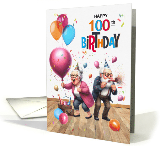 100th Birthday Funny Old Man and Woman with Balloons card (1886632)