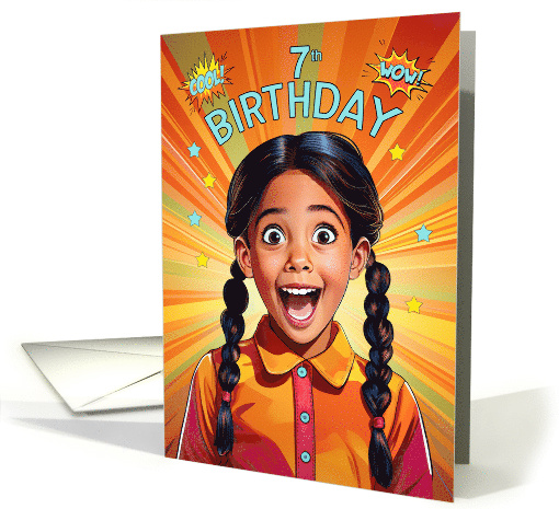 7th Birthday Latin American Girl in Pigtails Happy Pop Art Style card