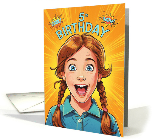 5th Birthday Redhead in Pigtails Happy Girl Pop Art Style card