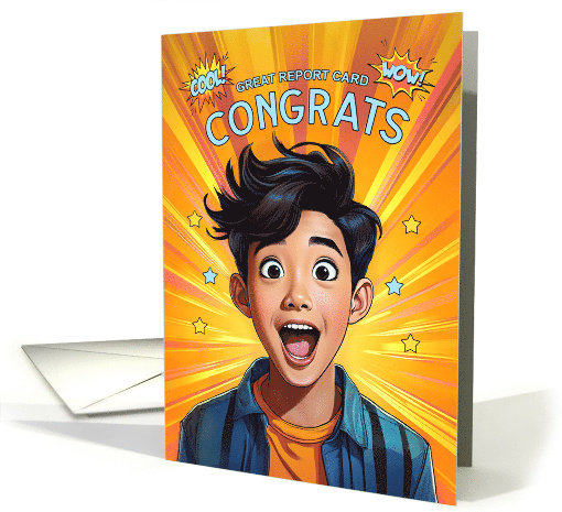 Report Card Congrats Asian American Teenage Boy Pop Art Style card