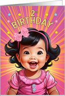 2nd Birthday Cute Asian Girl in Pink Comic Book Pop Art Style card