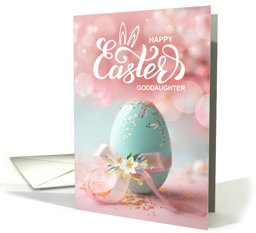 for Goddaughter Easter Blue Easter Egg with Ribbon and Daffodils card