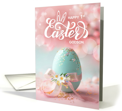 Godson's 1st Easter Blue Easter Egg with Ribbon and Daffodils card