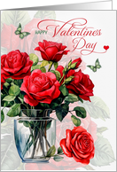 Valentine’s Day Vase of Red Roses and Butterflies card