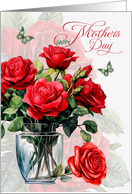 for Wife on Mother’s Day Vase of Red Roses and Butterflies card