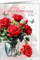 for Husband Romantic Anniversary Vase of Red Roses and Butterflies card