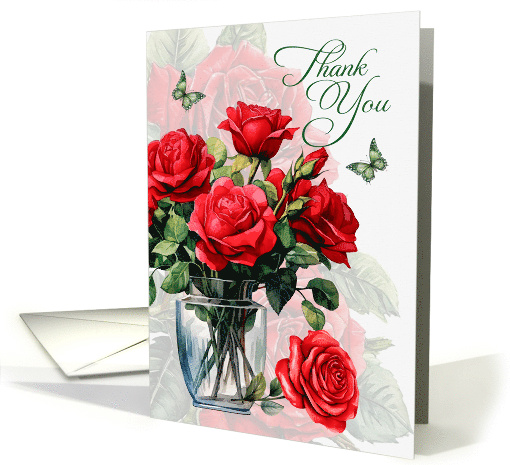 Business Thank You Vase of Red Roses and Butterlies Blank card