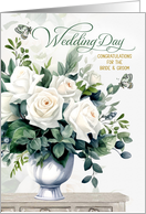 Bride and Groom Wedding Congratulations White Roses and Butterflies card