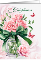 Spanish Birthday Feliz Cumpleanos Pink Roses with Butterflies card