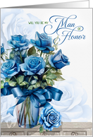 Man of Honor Request Bridal Party Vase of Blue Roses card