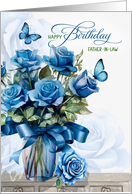 for Father in Law Birthday Vase of Blue Roses and Butterflies card