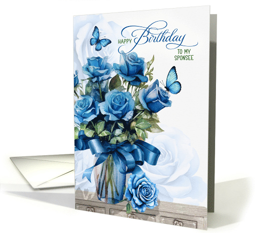 for Sponsee Birthday Vase of Blue Roses and Butterflies card (1910162)
