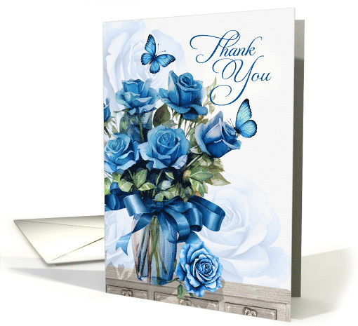 Thank You Vase of Blue Roses with Butterflies Blank card (1910818)