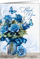 Thank You Vase of Blue Roses with Butterflies Blank card