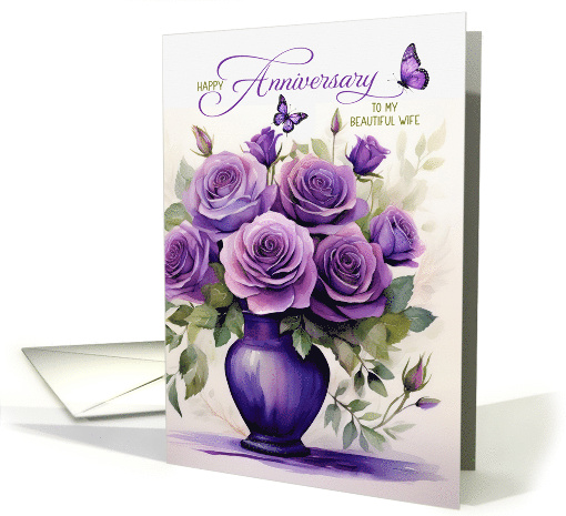 for Wife Wedding Anniversary Purple Roses and Butterflies card