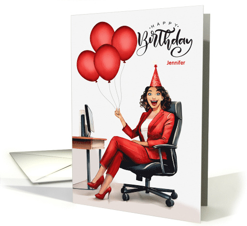 Birthday Businesswoman in Red in an Office Chair card (1917172)
