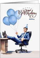 Birthday Blue Businessman in an Office Custom Name card