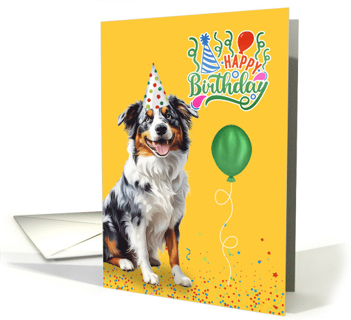 Birthday Australian Shepherd Dog in a Party Hat on Yellow card