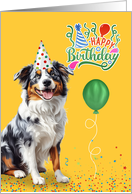 Birthday Australian Shepherd Dog in a Party Hat on Yellow card