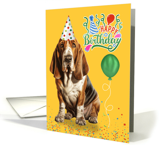 Birthday Basset Hound Dog in a Party Hat on Yellow card (1919624)
