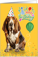 Birthday Basset Hound Dog in a Party Hat on Yellow card
