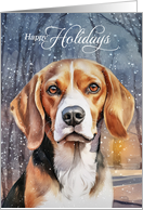 Happy Holidays Beagle Dog Snowy Woodland Forest card
