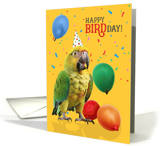 Funny Yellow Headed Amazon Parrot Birthday Humor with Balloons card