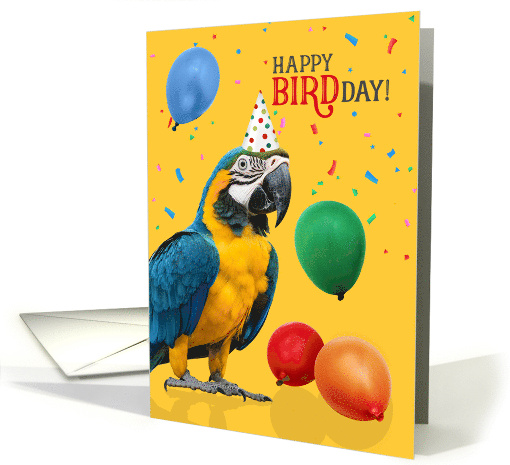 Blue and Gold Macaw Parrot Birthday Humor with Balloons card (1932718)