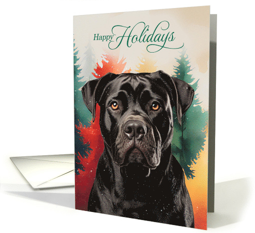 Cane Corso Dog Happy Holidays Watercolor Washed Pines card (1939516)