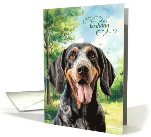 Birthday Bluetick Coonhound Dog in a Country Meadow card (1945592)