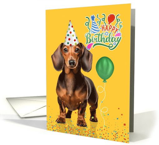 Funny Birthday Dachshund Dog in a Party Hat on Yellow card (1946470)