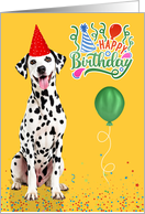 Birthday Dalmatian Dog in a Party Hat on Yellow card