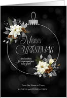 Christmas White Poinsettias with Silver Hues on Black Custom card