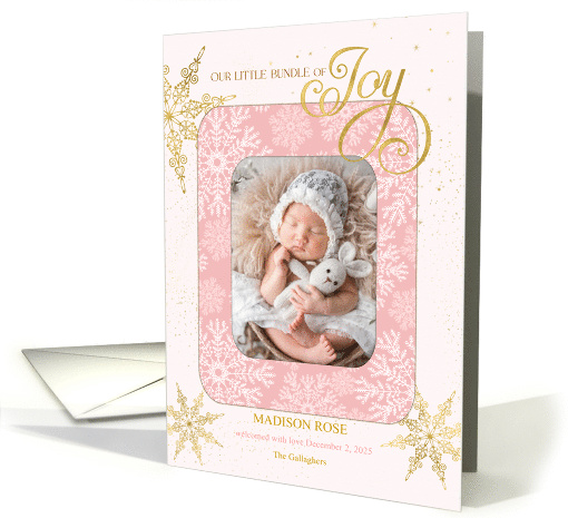Holiday Season Birth Announcement It's a Girl Pink Snowflakes card