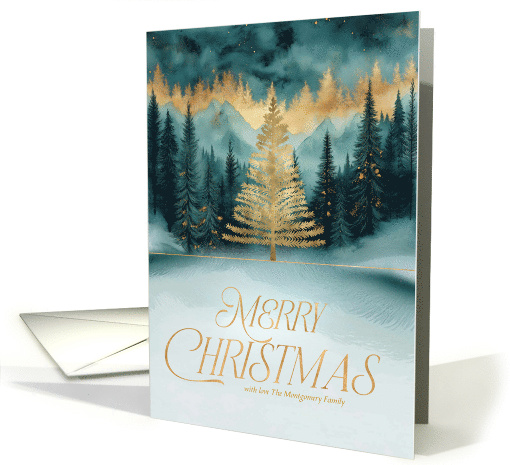 Merry Christmas Golden Christmas Tree in a Pine Forest Custom card