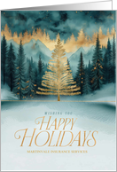 Happy Holidays Golden Christmas Tree in a Pine Forest Custom card