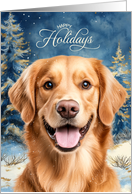 Happy Holidays Golden Retriever Dog Winter Pine Forest card