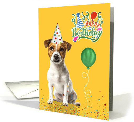 Birthday Jack Russell Terrier Dog in a Party Hat on Yellow card